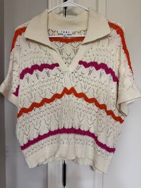 THML Cream Open-Knit Collared V-Neck Crotchet Top with Pink & Orange Zigzags